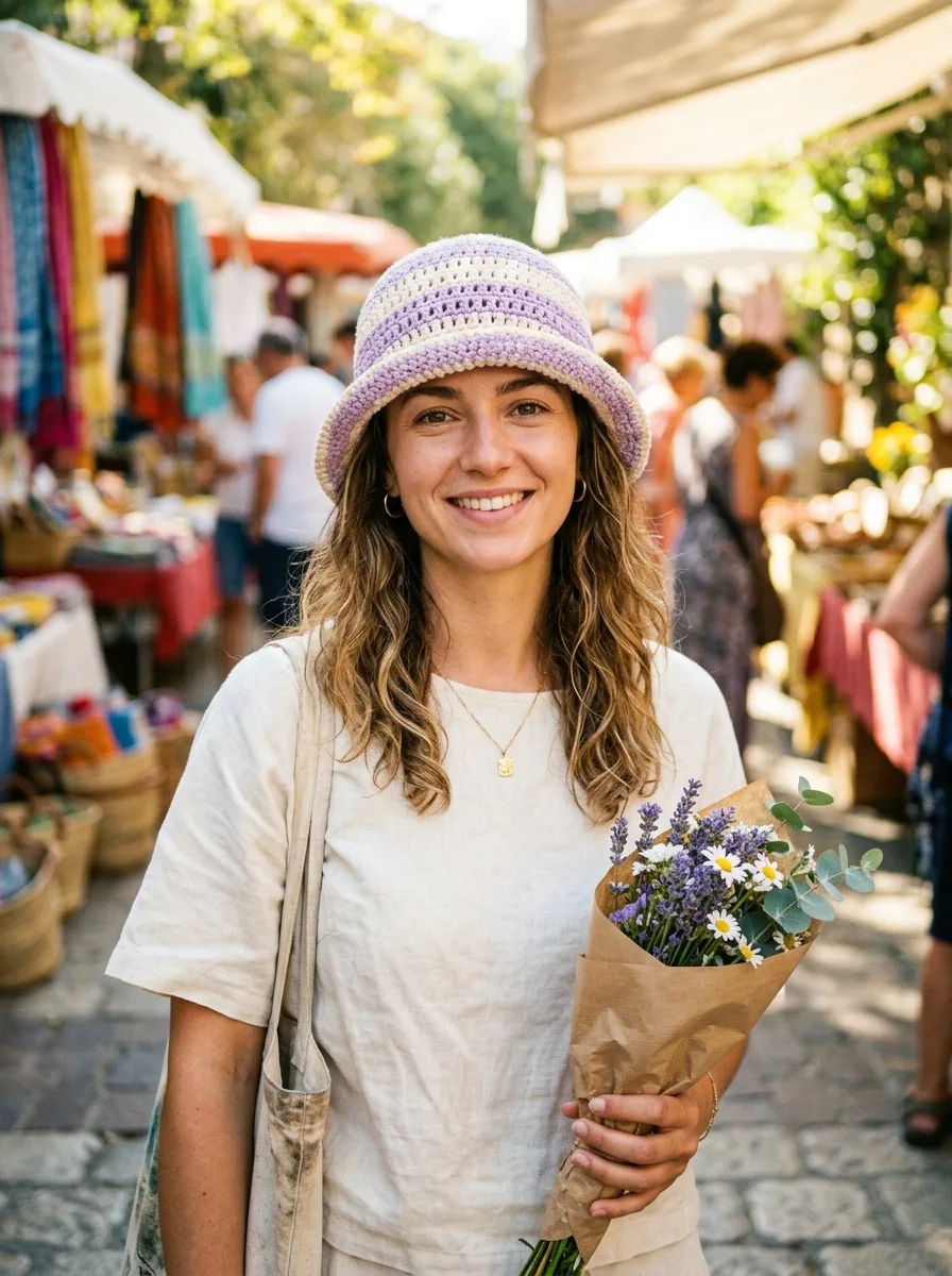 A crochet bucket hat in lilac and cream stripes.