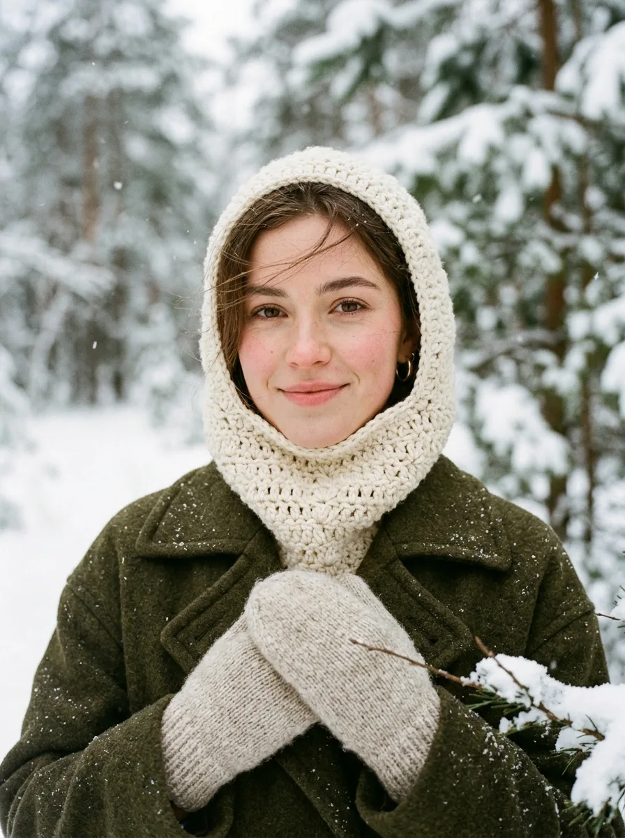 A crochet balaclava in cream covering head and neck.
