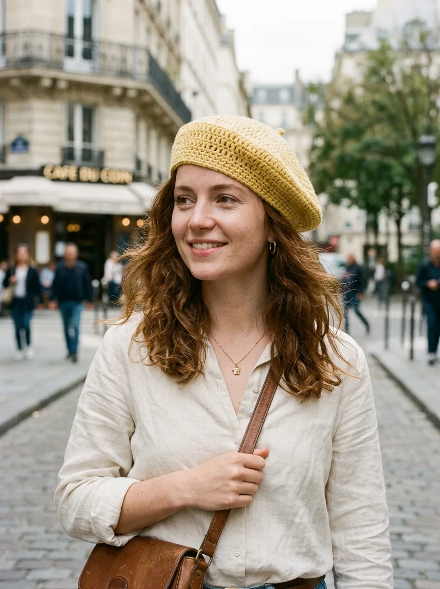 A crochet beret in butter yellow worn tilted.