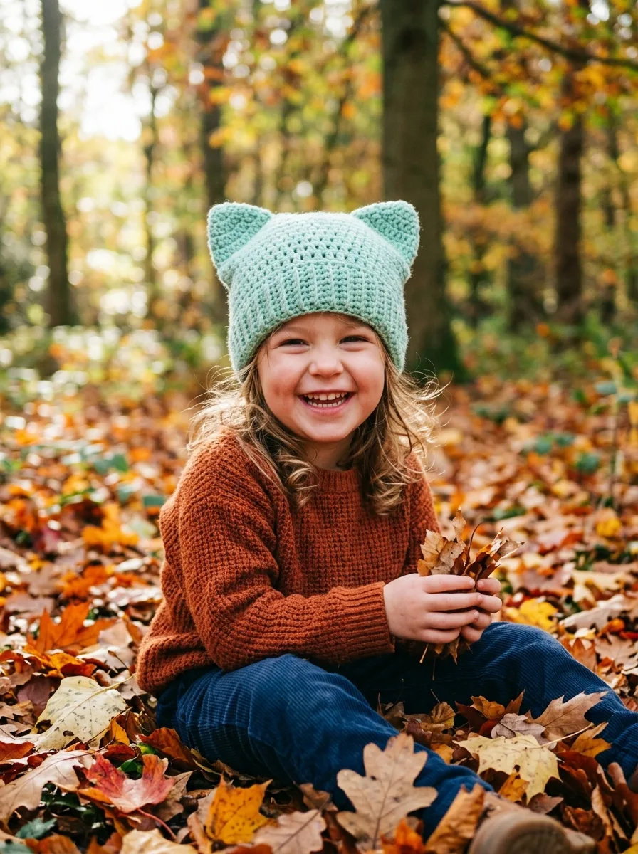 A crochet cat-ear beanie on a child.