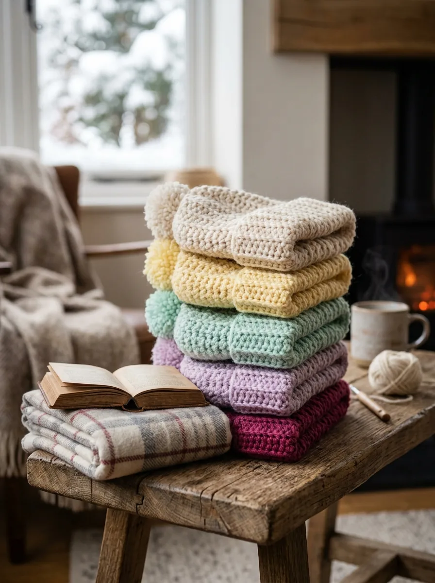 A stack of crochet beanies in different colors for gifts.