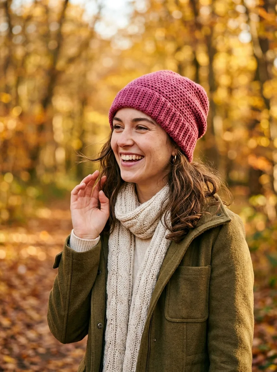A woman wearing a slouchy berry-pink crochet beanie with ribbed brim outdoors in crisp autumn light.