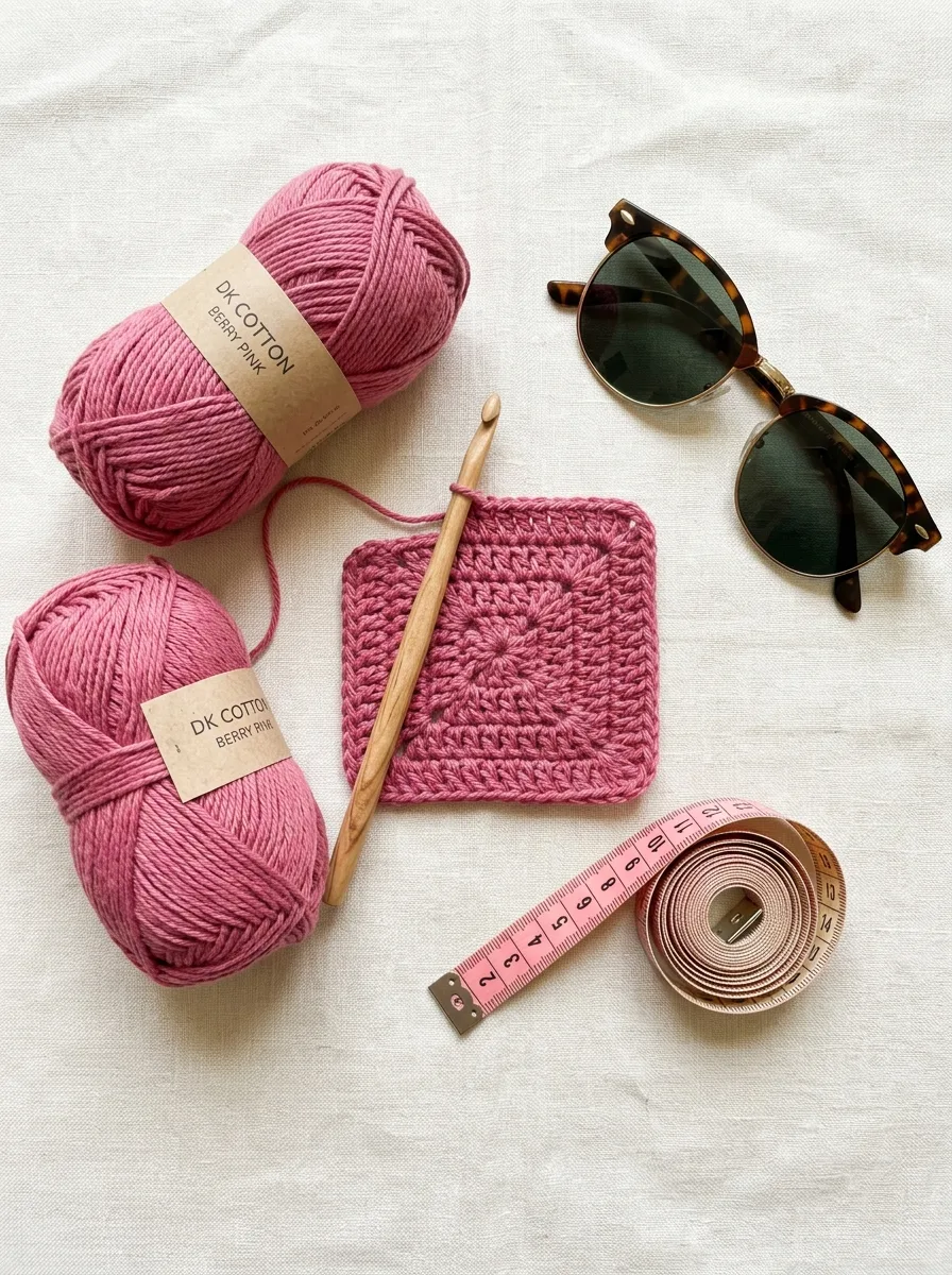 Cotton DK yarn in berry pink with a 4 mm hook and a tape measure for a bandana top.
