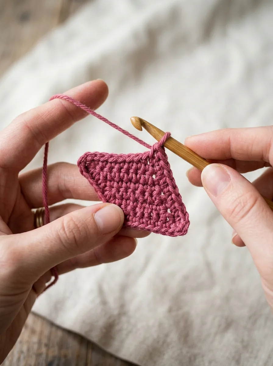 The small point of a crochet bandana top starting to grow into a triangle.