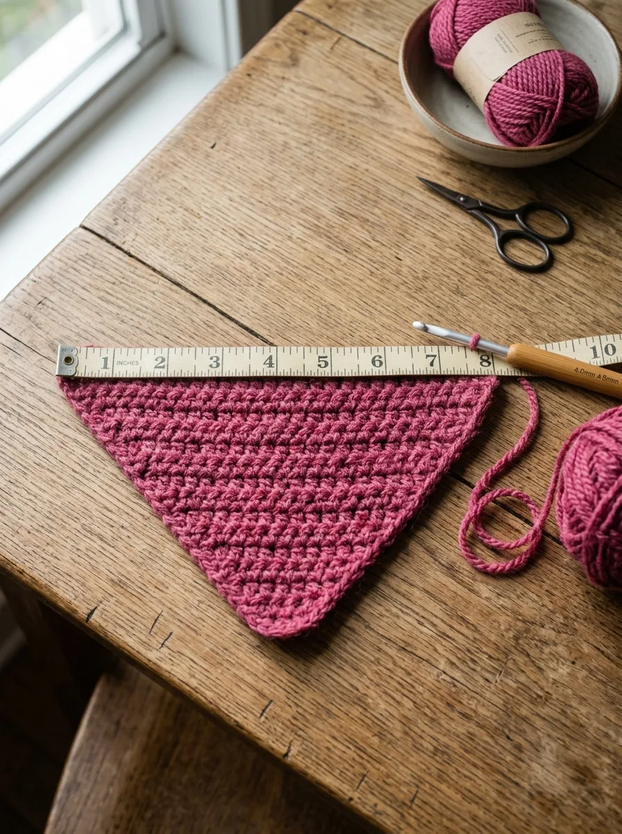 A half-finished crochet bandana triangle being measured across the top edge.