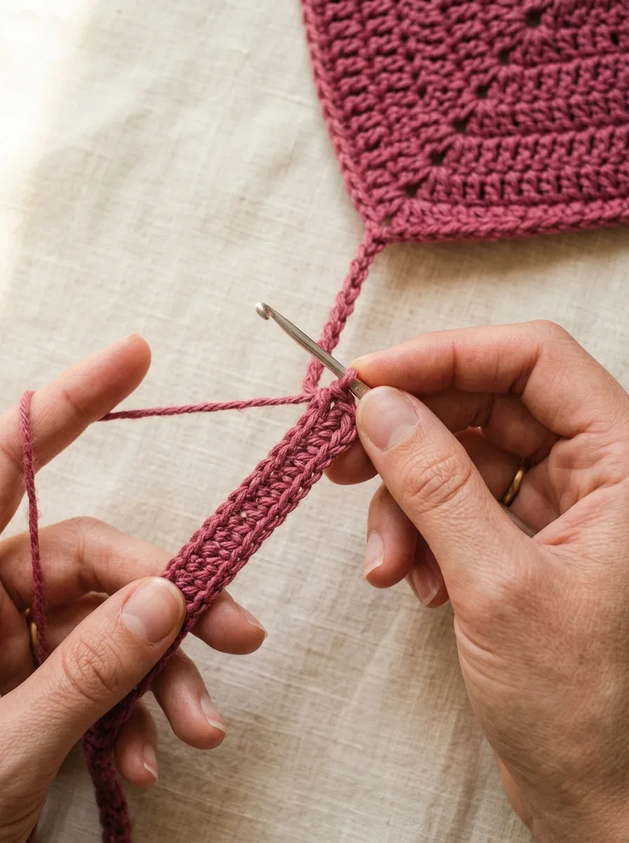 Long chain ties being made at the corner of the bandana top.