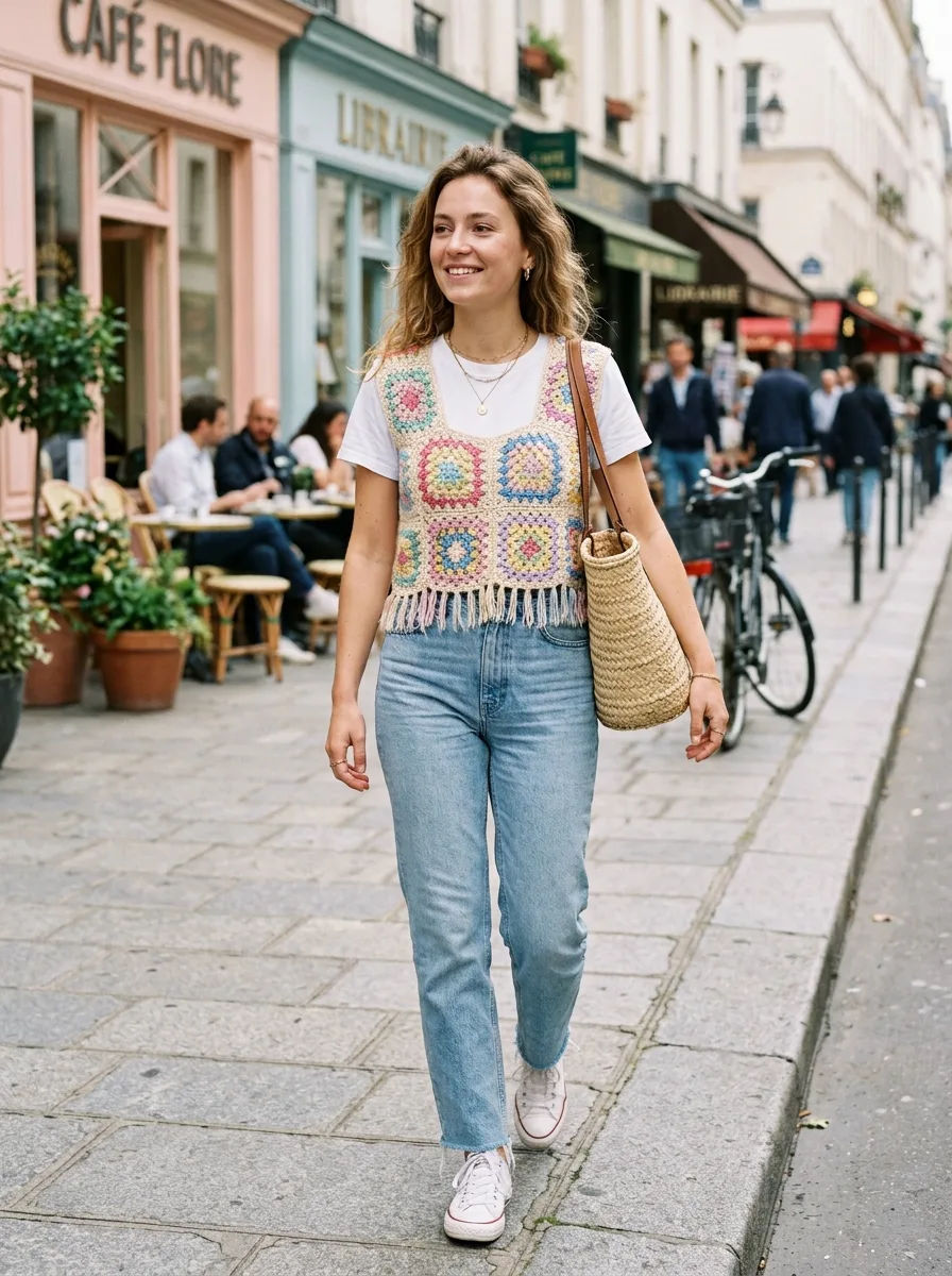 A granny square crochet vest worn over a white tee.