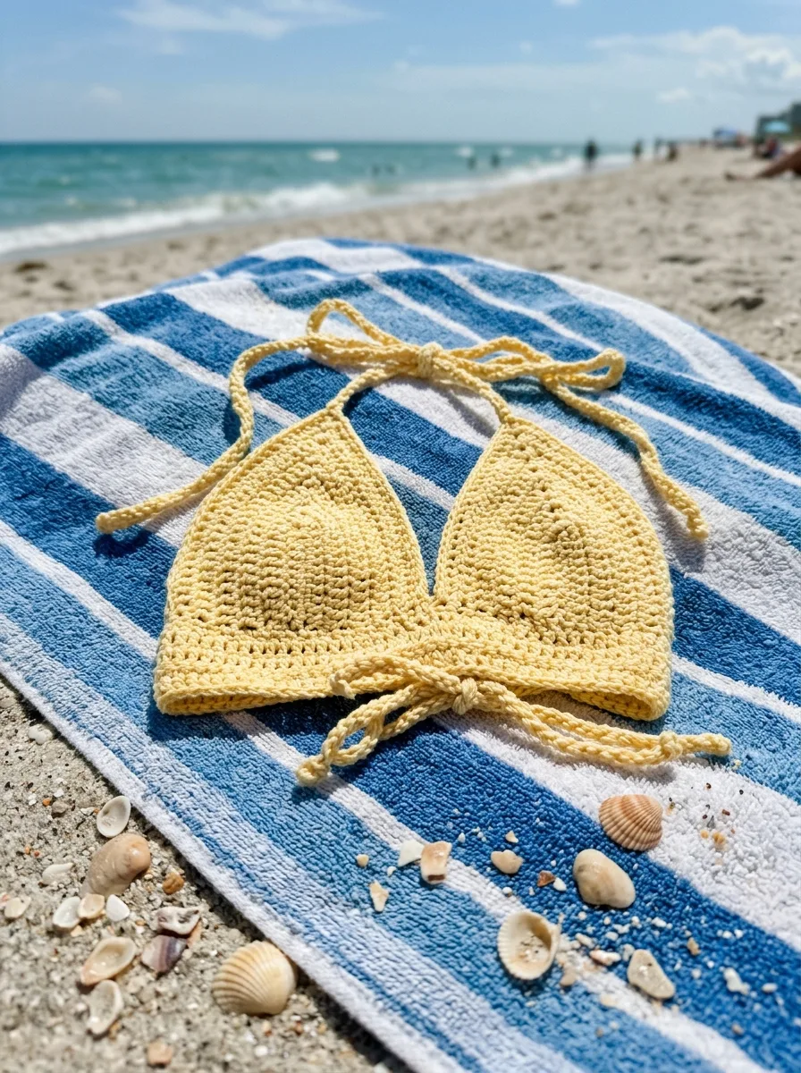 A crochet bikini top in butter yellow with string ties.
