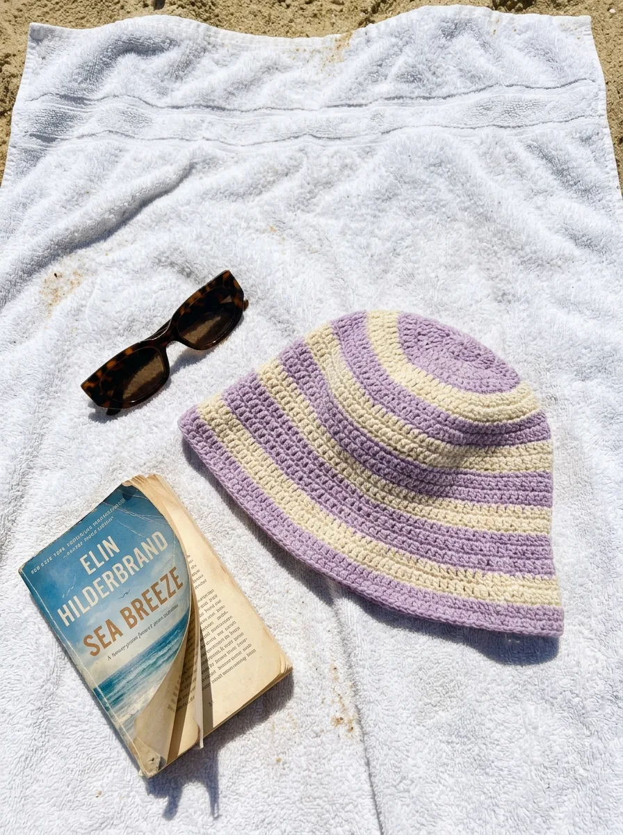 A striped crochet bucket hat on a beach towel with sunglasses.