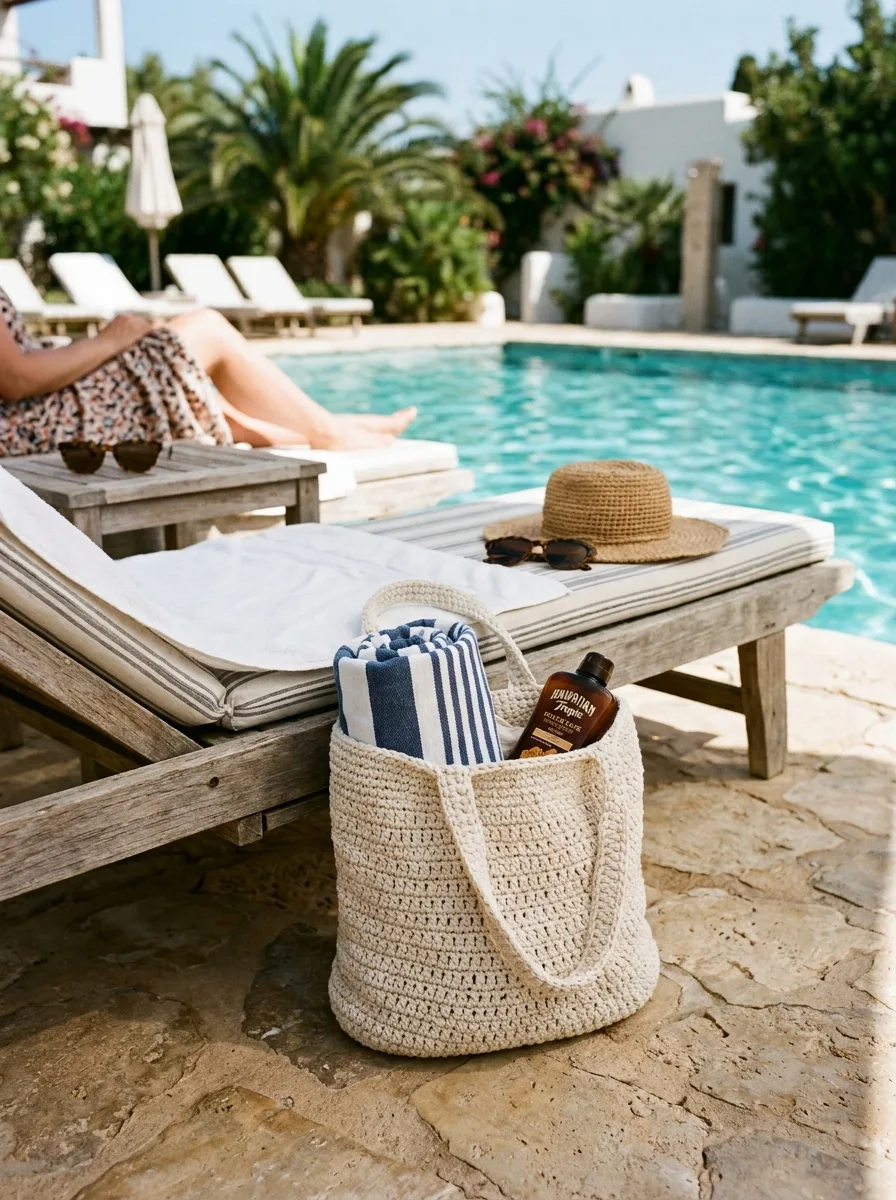 A crochet beach bag with a towel and sunscreen at a pool.