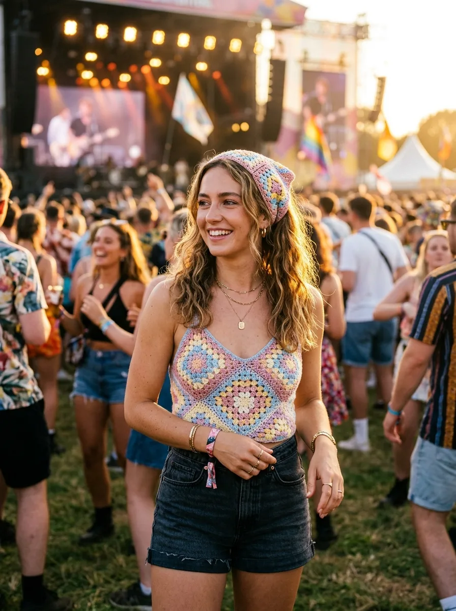 A crochet hair bandana worn with a crochet top at a music festival.
