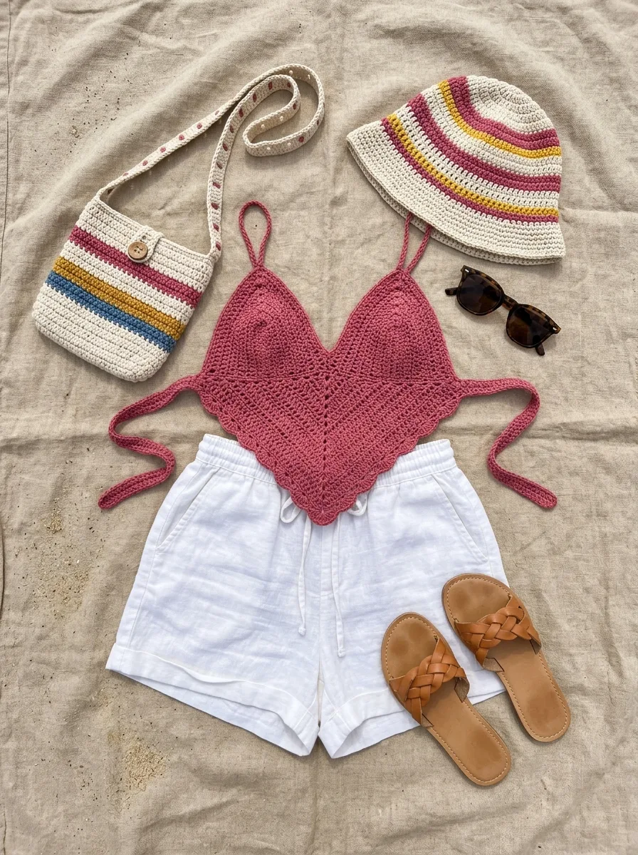 A flat lay of a complete crochet summer outfit: top, hat, bag, and sandals.