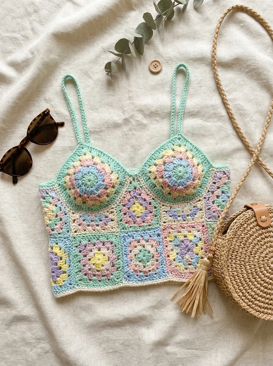 A granny square crop top laid flat with its squares visible.