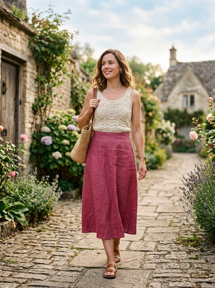 A woman wearing a simple ribbed crochet tank top in cream.