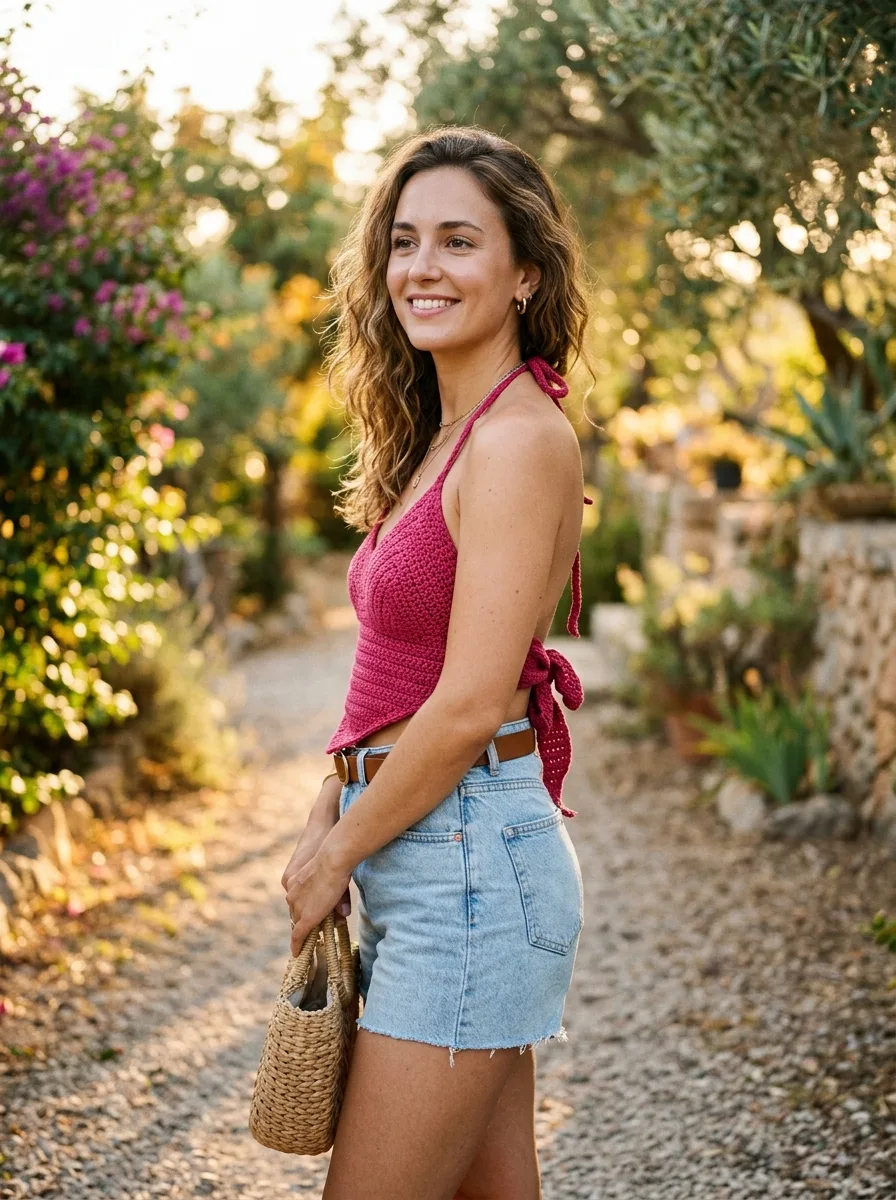 A crochet bandana top with tie-back strings.
