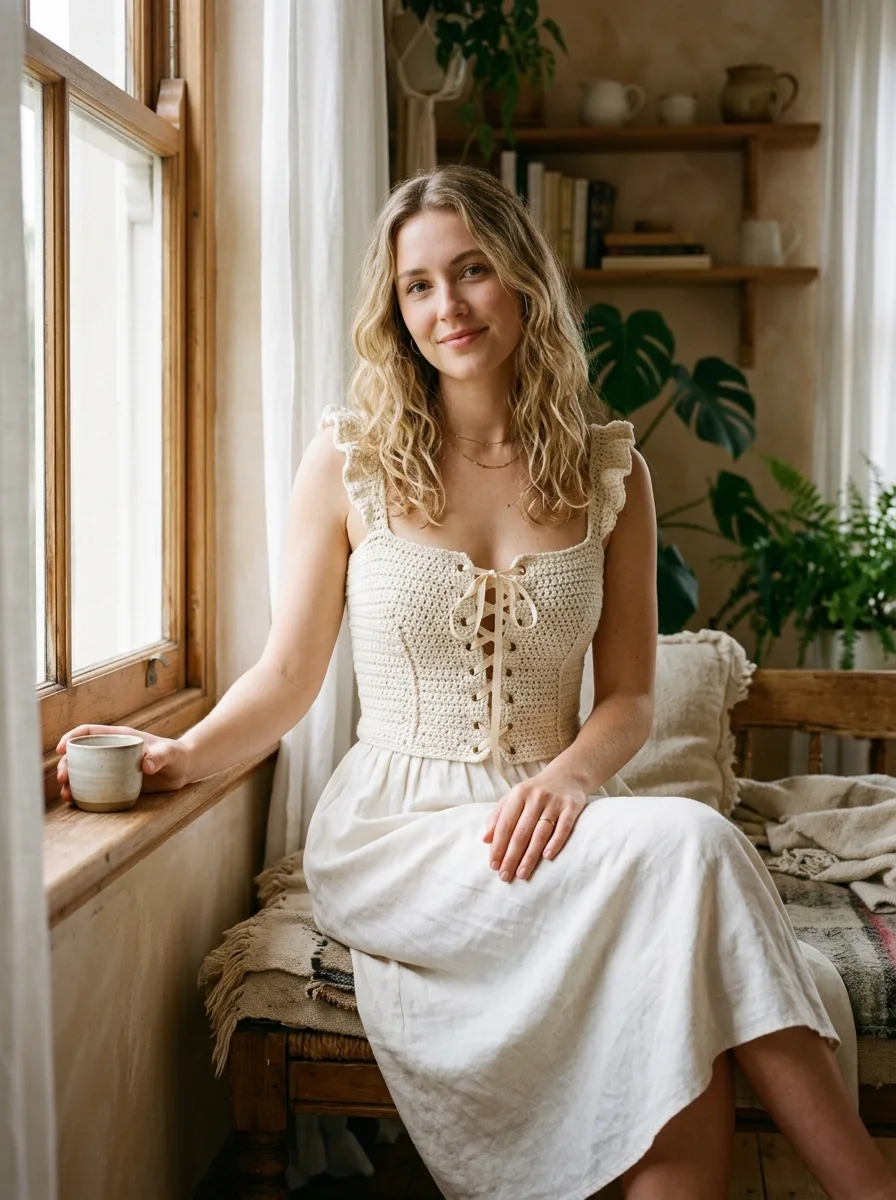 A crochet corset-style top with lace-up front detail.