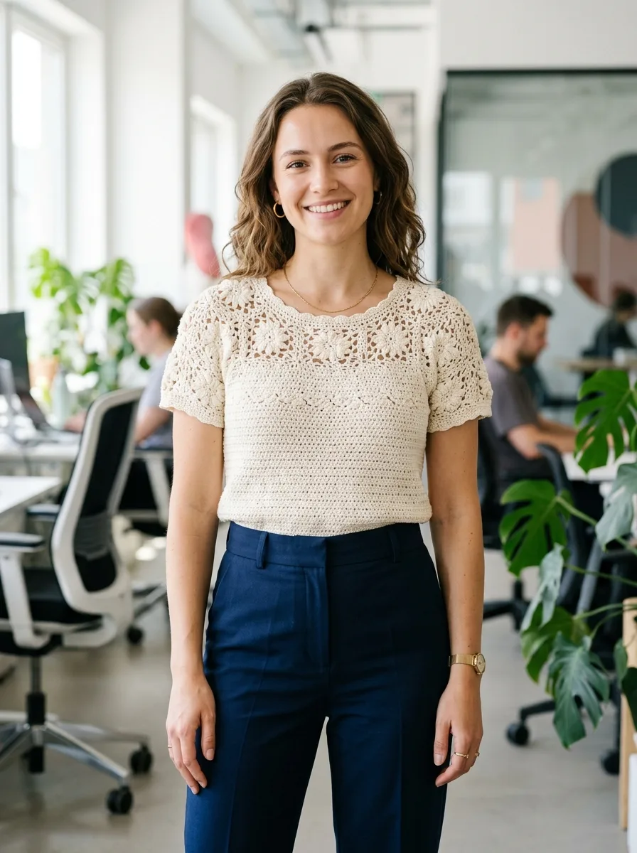 A short-sleeve crochet blouse with a flower yoke.