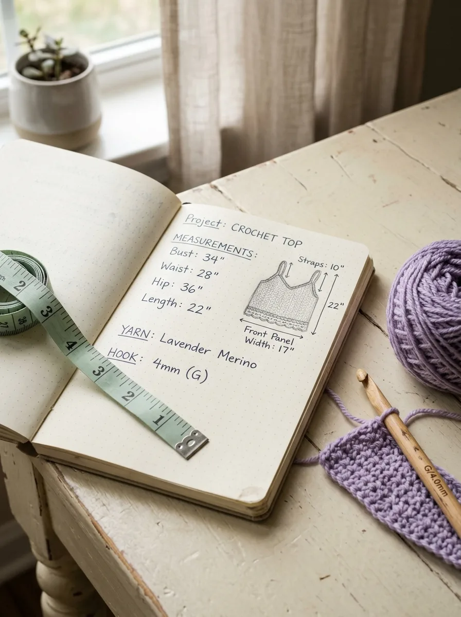 A tape measure around a bust with a notebook showing measurements for a crochet top.