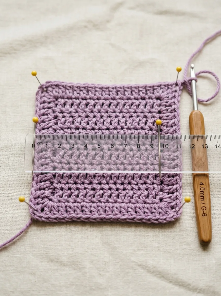A gauge swatch of double crochet in cotton being measured with a ruler.
