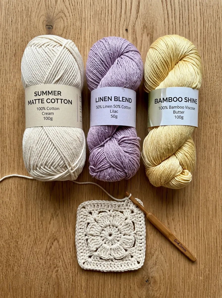 Cotton, linen blend, and bamboo yarns suitable for summer crochet tops.