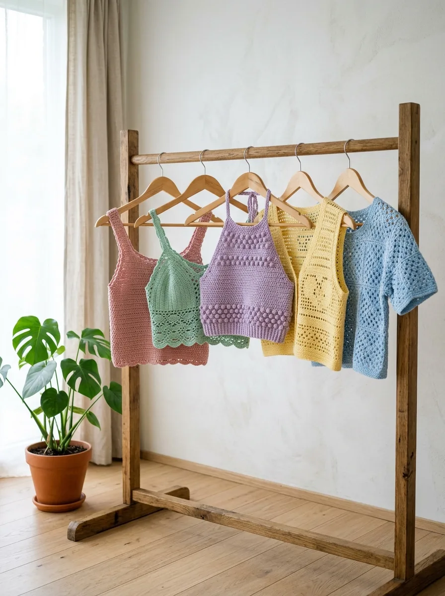 A rack of handmade crochet tops in pastel colors.