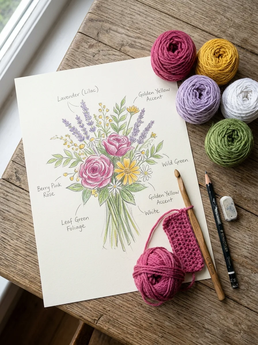 A sketch of a bouquet plan on paper next to yarn in the planned colors.