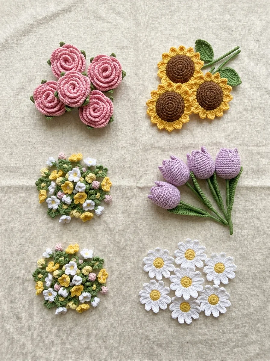 Crochet flowers sorted into groups by type: roses, sunflowers, tulips, daisies, and small fillers.