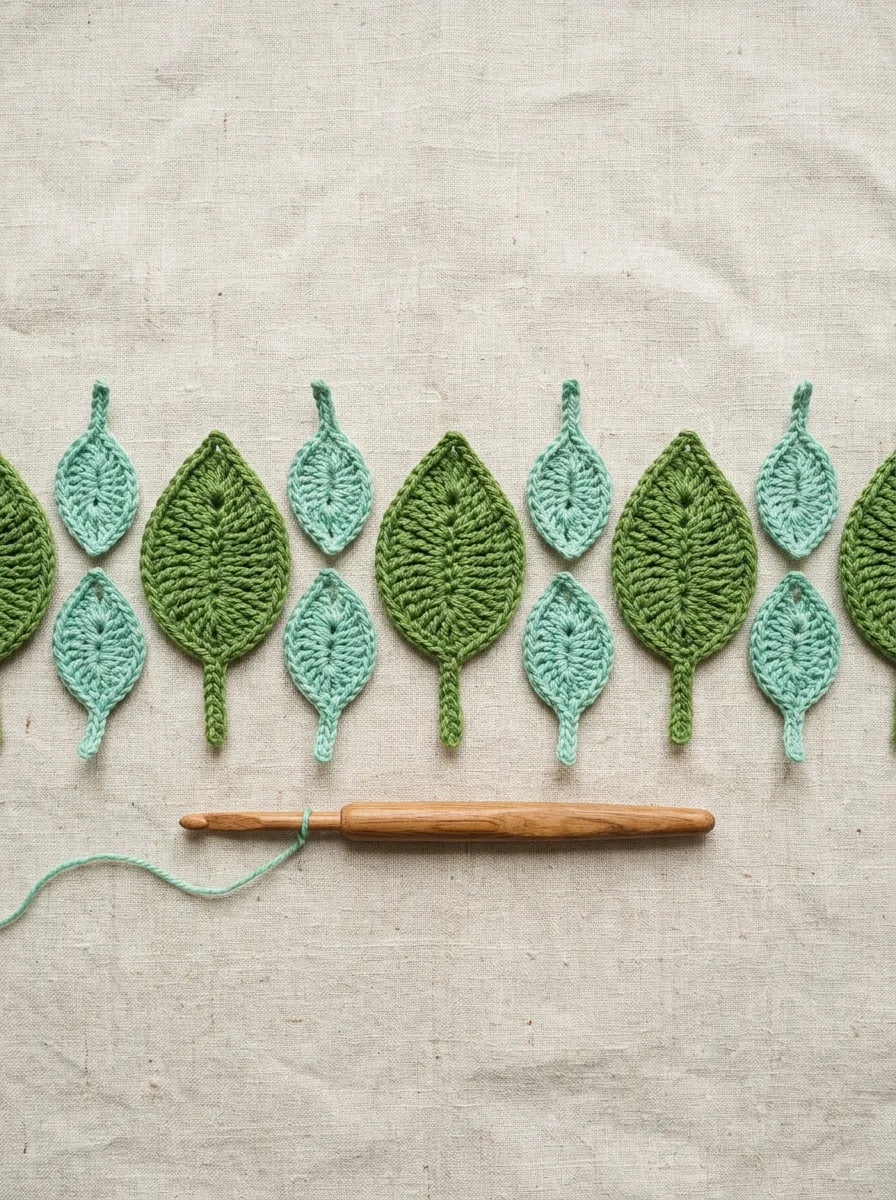 Mint green crochet leaves in two sizes laid in a row.