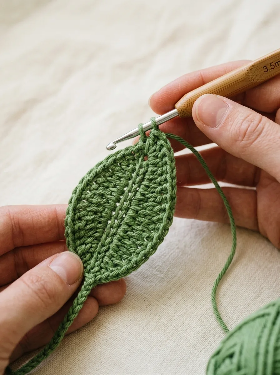 A crochet leaf being worked along both sides of a chain with graduated stitches.