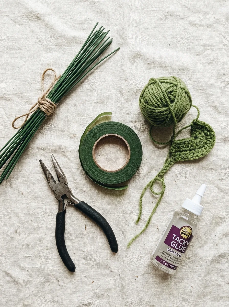 Floral wire, green tape, pliers, and green yarn laid out for making bouquet stems.