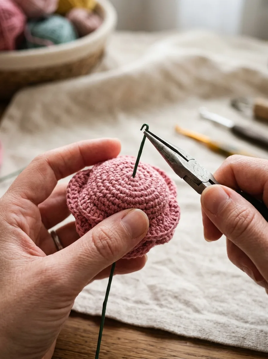 Hands inserting floral wire through the back of a crochet rose and bending a small hook.