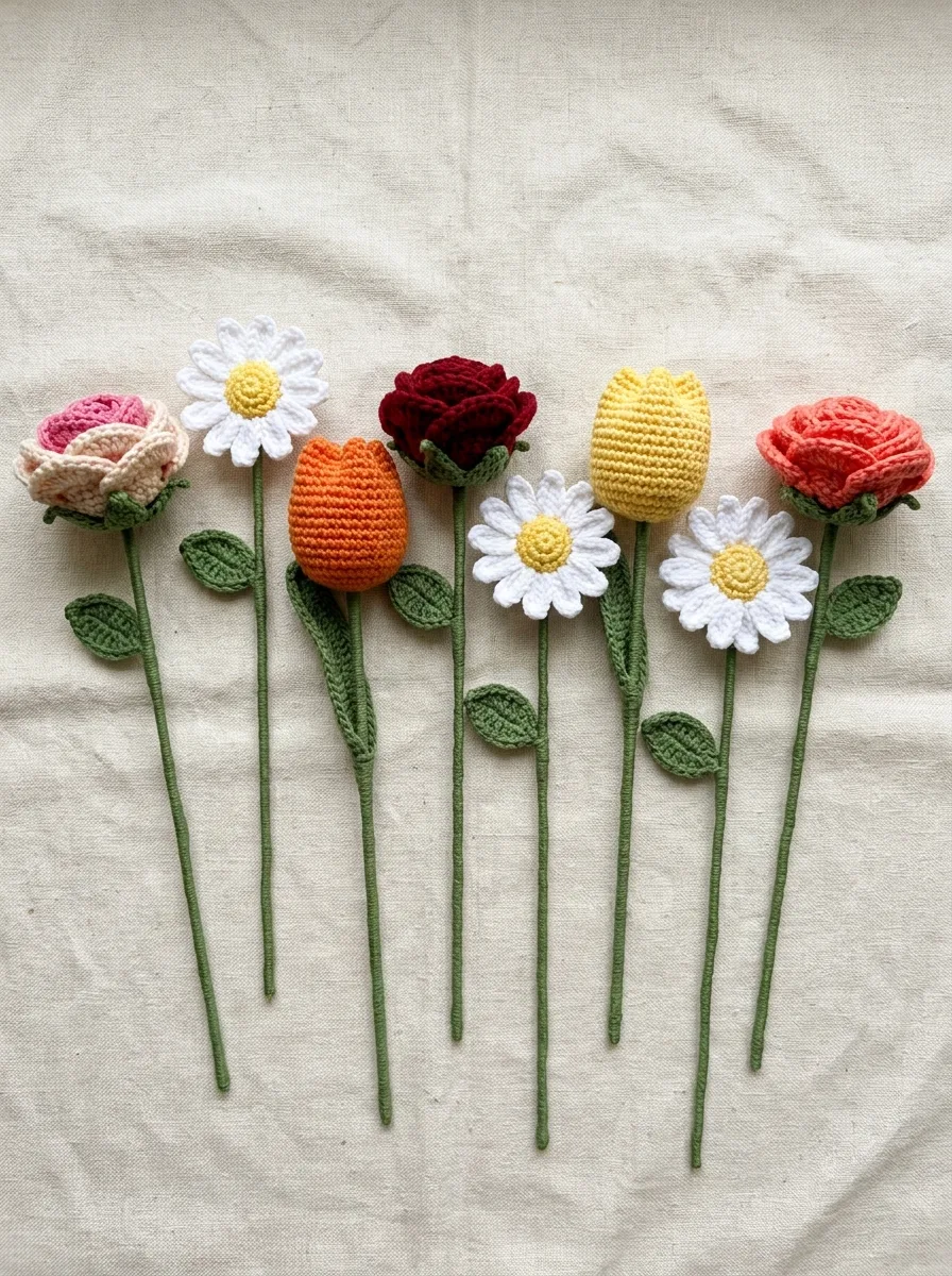 Several crochet flowers on finished green wrapped stems lying side by side.