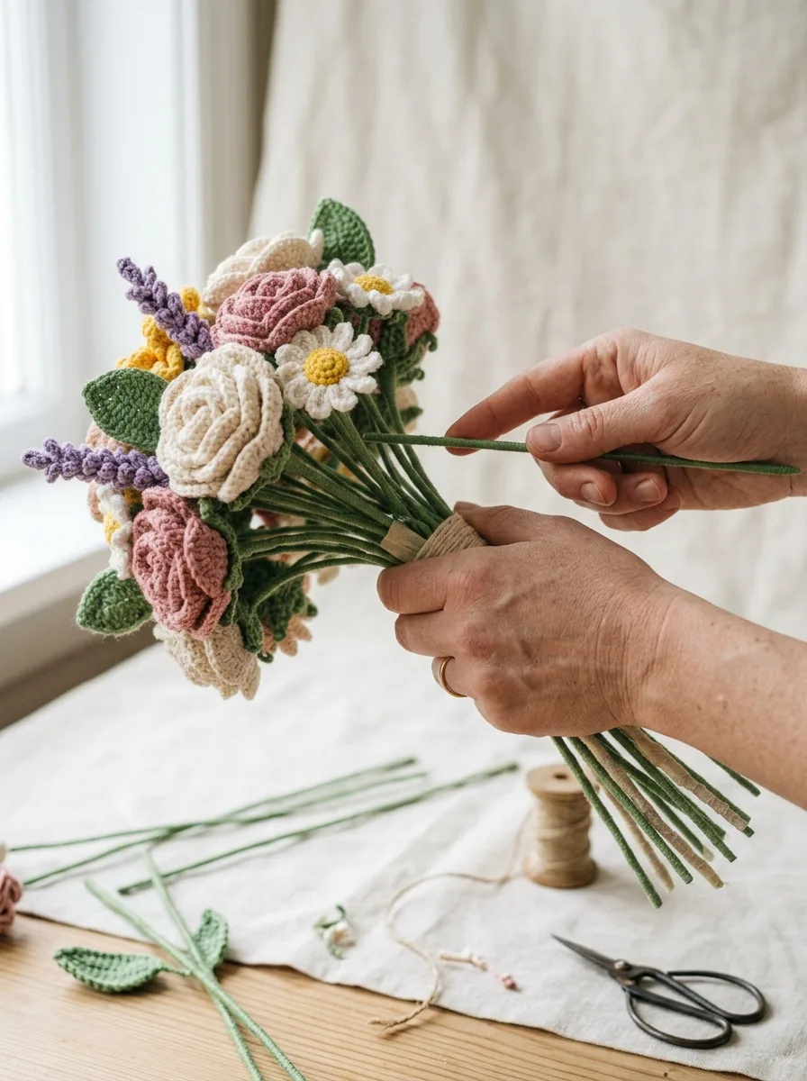 Hands arranging crochet flowers into a spiral bouquet, turning it while adding stems.
