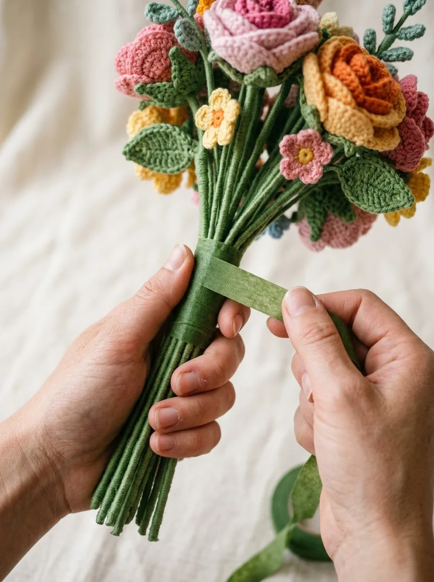 The bouquet stems bound tightly together with floral tape at the binding point.
