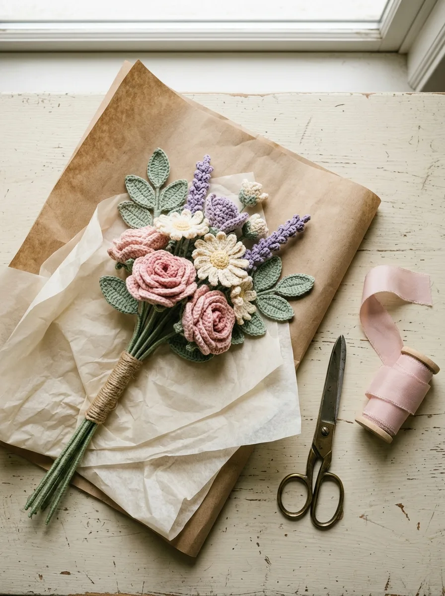 A crochet bouquet laid on kraft paper and tissue, being wrapped florist-style.