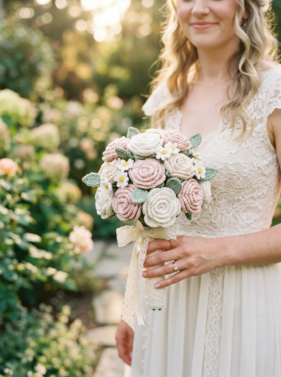 A small bridal crochet bouquet in white and blush with a lace-wrapped handle.