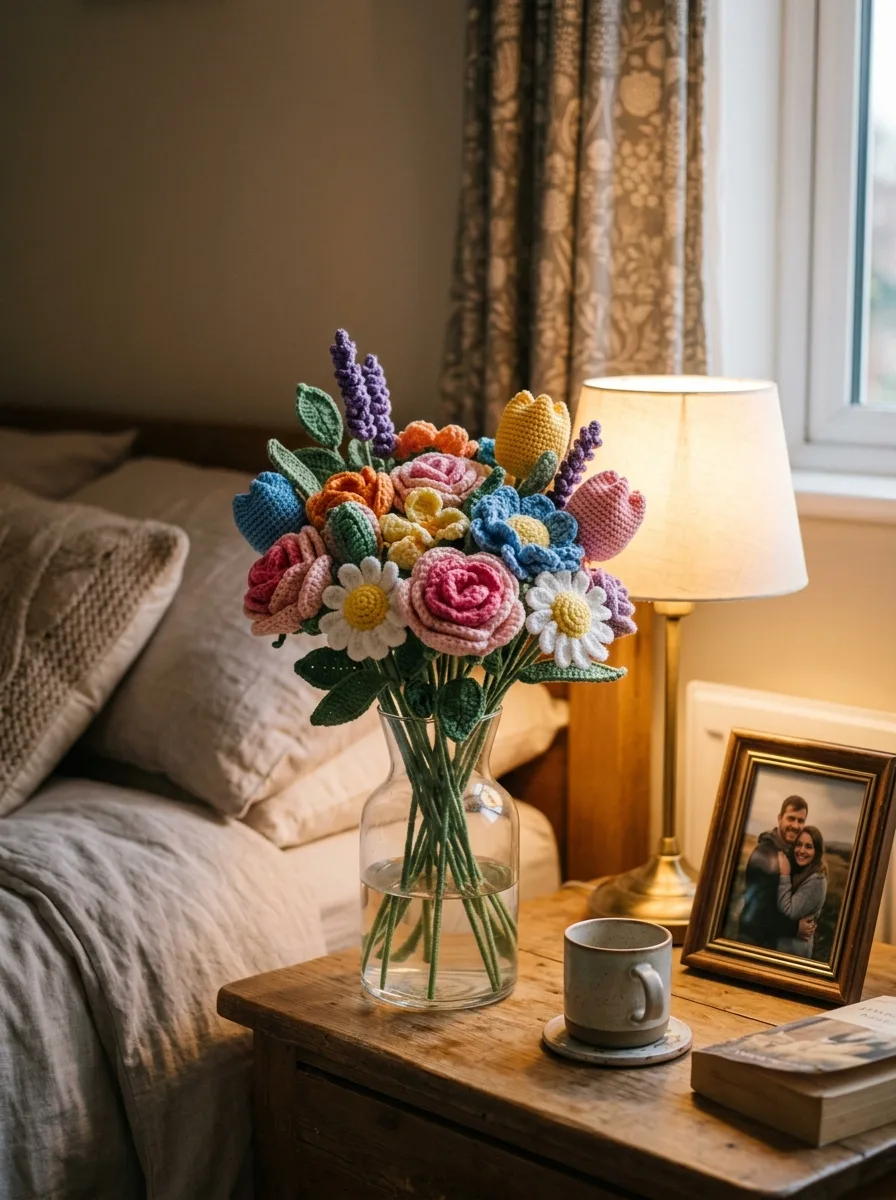 A crochet bouquet in a clear vase on a bedside table months after it was given.