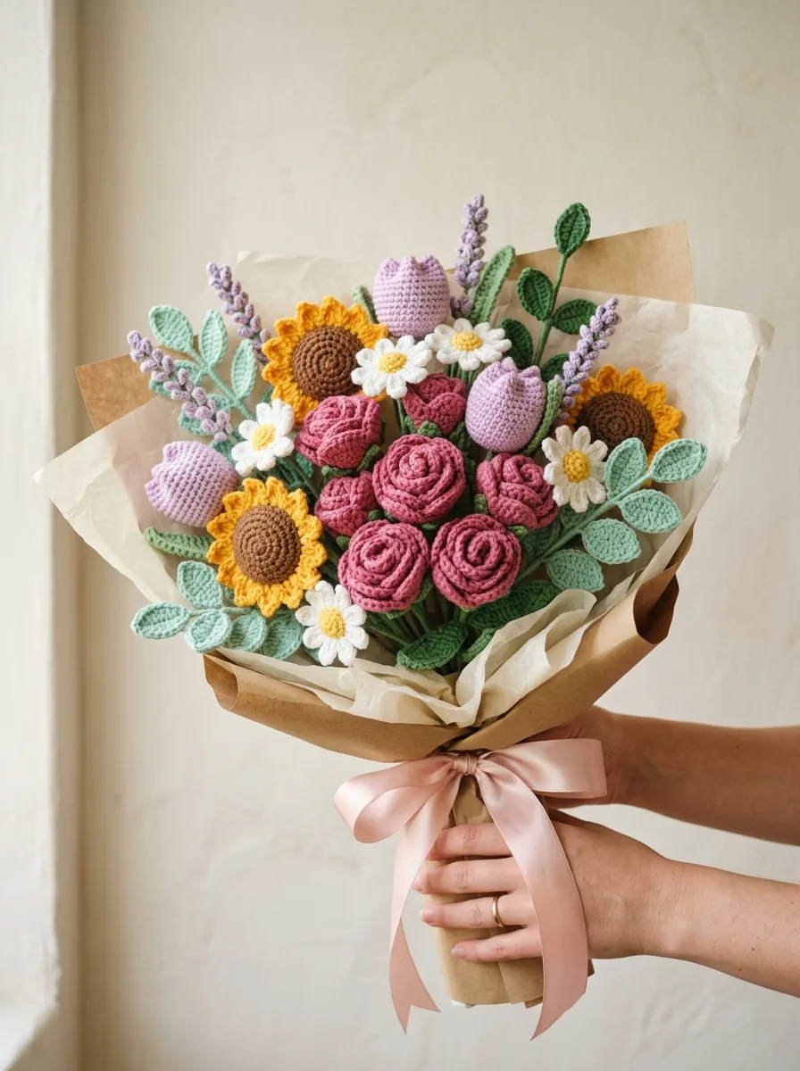 A lush handmade crochet flower bouquet of pink roses, sunflowers, lilac tulips, white daisies, and green leaves wrapped in cream paper and tied with a satin ribbon.