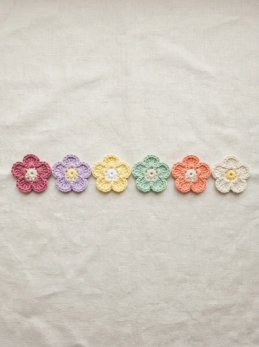 A row of flat five-petal crochet flowers in pastel colors laid out on a cream background.