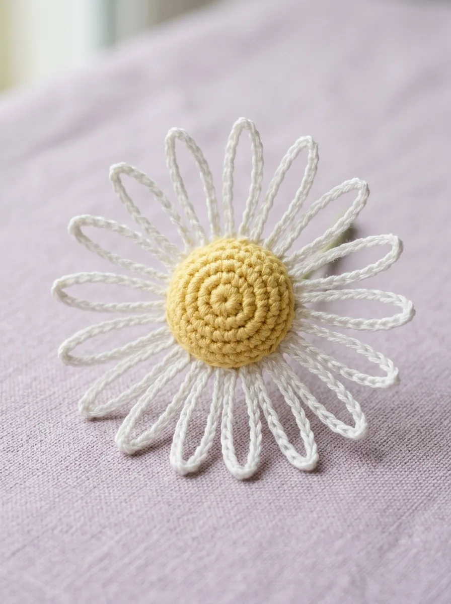 A white crochet daisy with a yellow center and long slim petals.