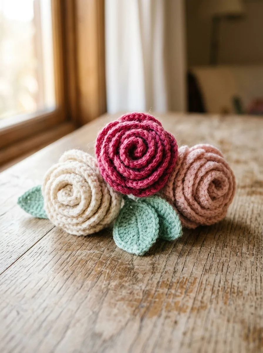 Three rolled crochet roses in berry pink, blush, and cream on a wooden surface.