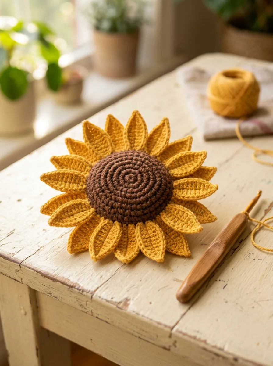 A bright crochet sunflower with a brown textured center and golden petals.