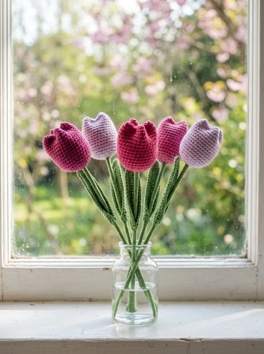Lilac crochet tulips on green stems standing in a small glass vase.