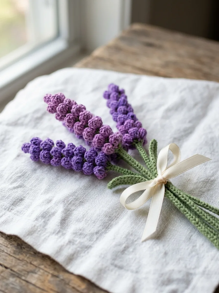 A crochet lavender bundle tied with a satin ribbon.