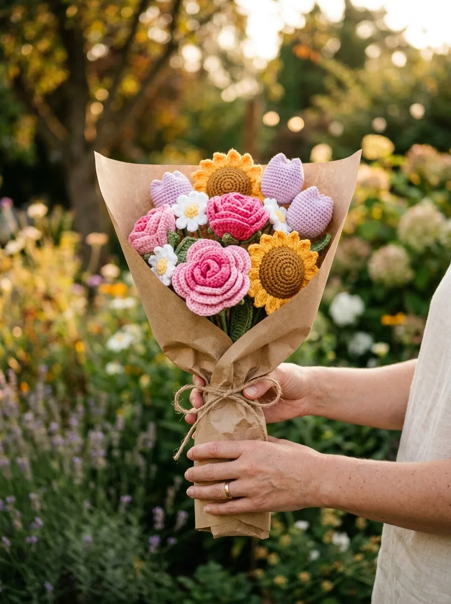 A crochet flower bouquet wrapped in kraft paper held by hands.