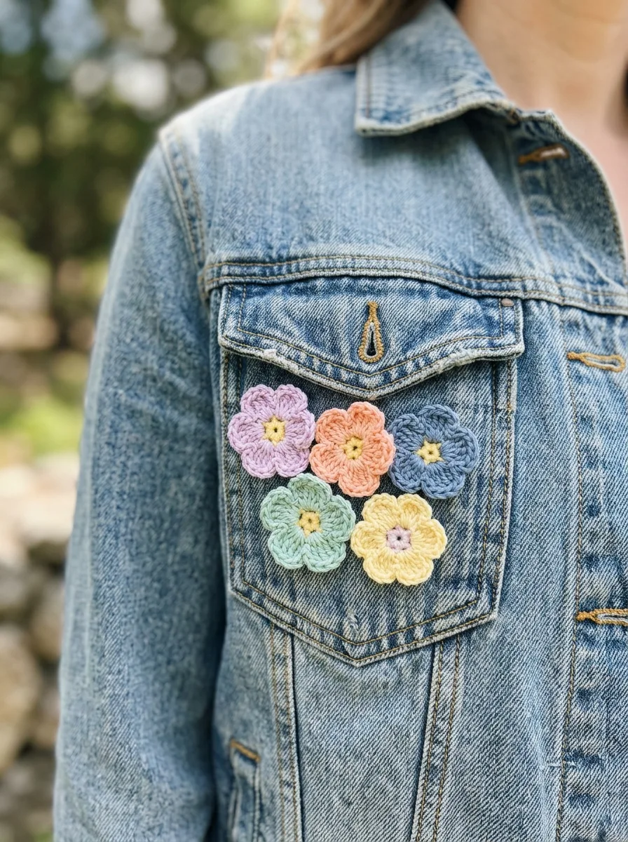 Crochet flowers sewn onto a denim jacket pocket and a canvas tote bag.