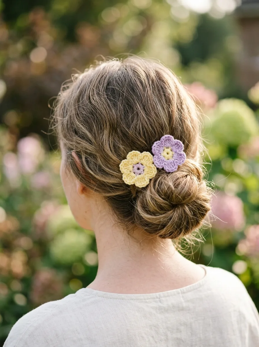 A woman with a crochet flower hair clip and a flower-trimmed headband.