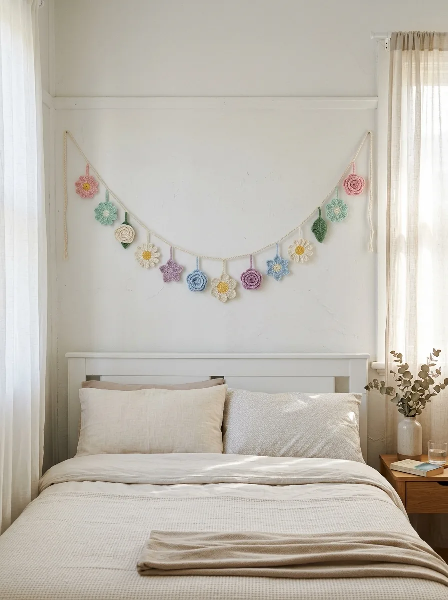 A crochet flower garland hanging across a white wall above a bed.