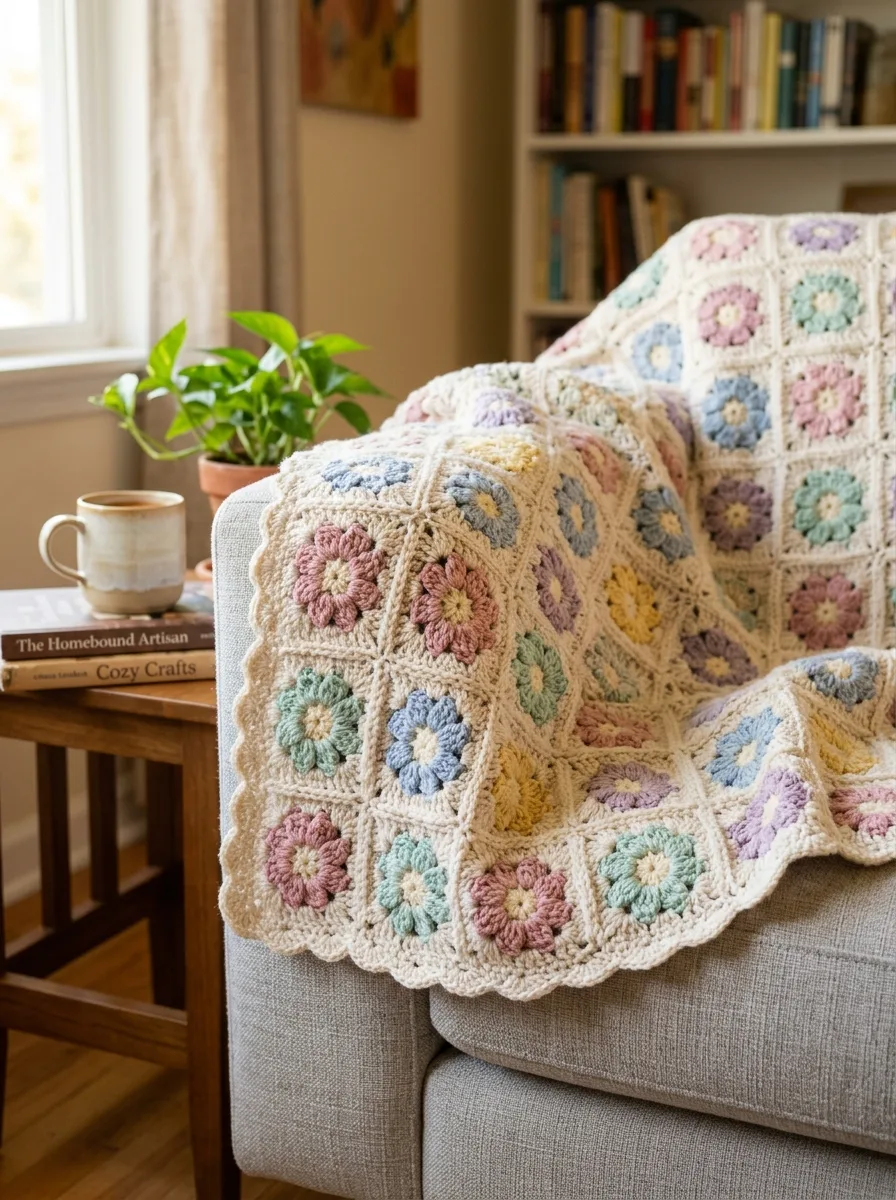 A granny-square blanket made of flower motifs draped over a sofa.