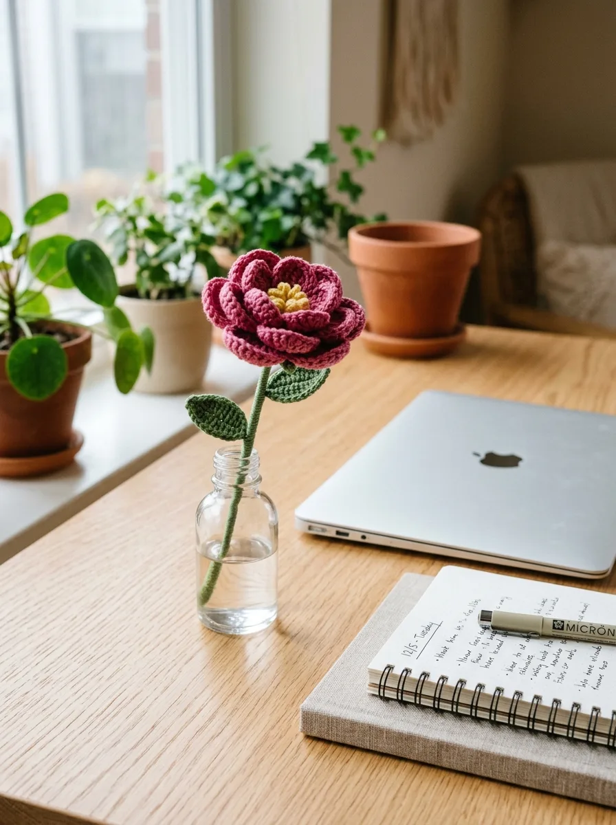 A single crochet flower in a tiny bottle vase on a desk next to a laptop.